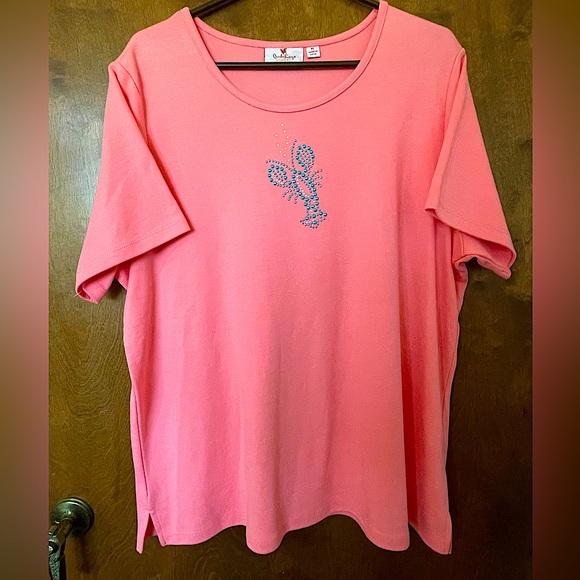 Quacker Factory Pink T Shirt Blue Sequin Lobster XL - Picture 1 of 7